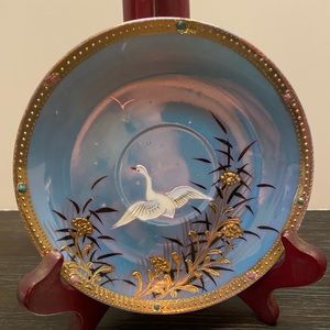 Japanese Luster Ware Hand-painted Flying Swan 5.5” Blue Saucer Gold Accents